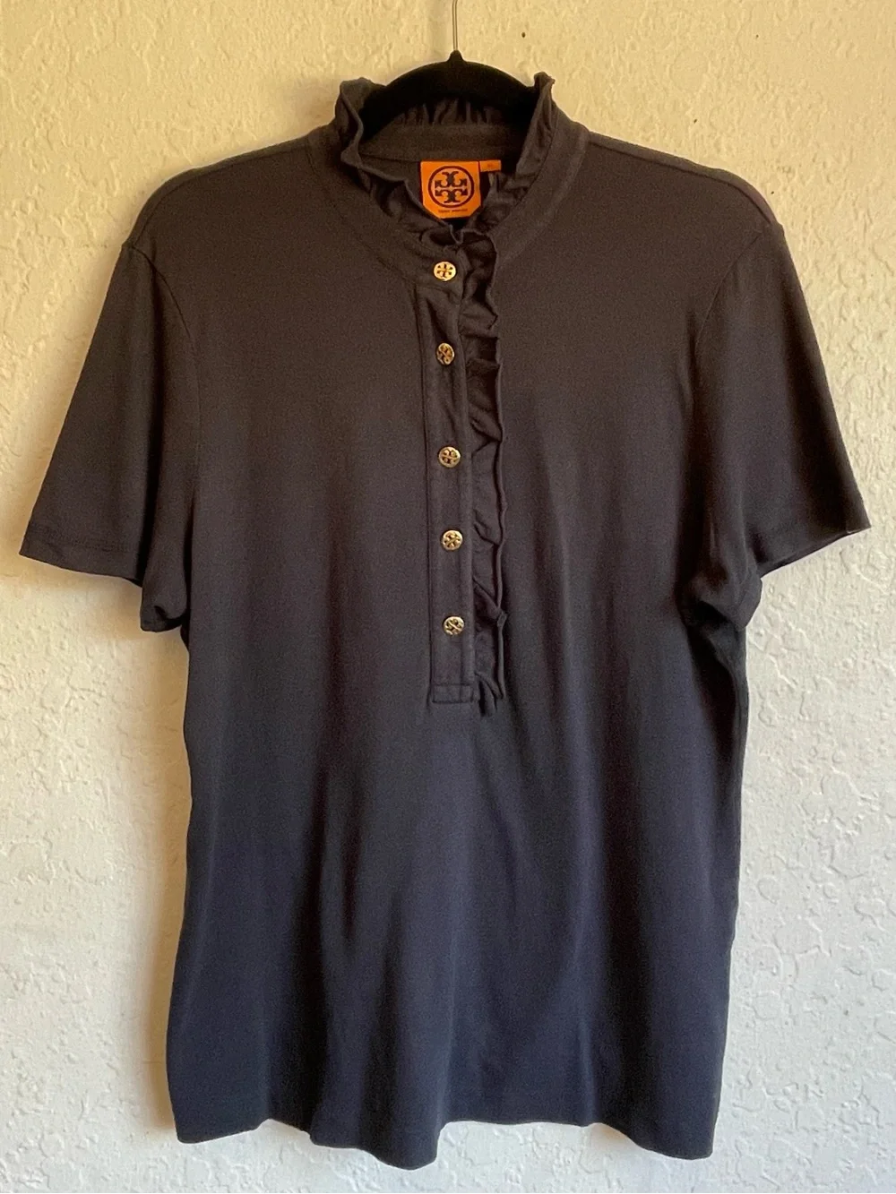 TORY BURCH LIDIA POLO SHIRT Navy Short-Sleeve Ruffle-Placket Polo XL